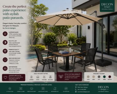 UV Resistant Outdoor Umbrella
Protect yourself from harmful UV rays with DeconDesigns’ UV Resistant Outdoor Umbrellas in Malaysia. Designed with UV-blocking fabrics and durable frames, these umbrellas provide reliable sun protection while enhancing outdoor aesthetics. Perfect for gardens, patios, poolside areas, resorts, cafes, and hotels, they withstand Malaysia’s tropical sun, rain, and occasional wind. Available in multiple sizes, shapes, and colors, they create inviting shaded spaces for relaxation, dining, and entertainment. Easy to operate, tilt, and maintain, our UV Resistant Outdoor Umbrellas combine practicality, style, and durability. DeconDesigns ensures every umbrella offers long-lasting performance and premium outdoor protection for residential and commercial spaces across Malaysia.
please visit our website at www.decondesigns.com  or contact us at +60167960331