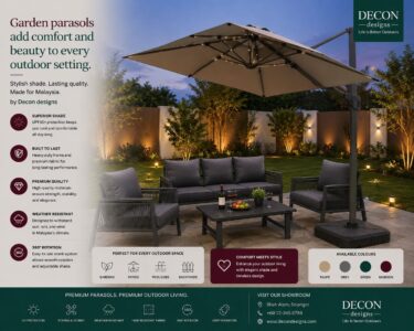 Waterproof Patio Umbrella
DeconDesigns’ Waterproof Patio Umbrellas in Malaysia provide reliable protection against sun and rain while adding elegance to patios, gardens, and commercial outdoor spaces. Made with durable, waterproof fabrics and robust frames, these umbrellas withstand Malaysia’s tropical climate, including heavy rain and strong winds. Available in various sizes, shapes, and colors, they offer versatile shading solutions for relaxation, dining, or outdoor entertainment. Easy to operate, adjust, and maintain, our Waterproof Patio Umbrellas create comfortable, inviting outdoor spaces while maintaining durability and style. Perfect for residential and commercial use, DeconDesigns ensures every umbrella combines practicality, premium quality, and aesthetic appeal for long-lasting outdoor performance in Malaysia.
please visit our website at www.decondesigns.com  or contact us at +60167960331