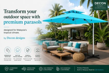 Outdoor Garden Parasol
Enhance your outdoor space with DeconDesigns’ premium Outdoor Garden Parasols. Perfect for gardens, patios, or backyard lounges, our parasols provide ample shade while adding elegance to your setting. Crafted with durable materials resistant to sun and rain, these parasols ensure long-lasting performance in Malaysia’s tropical climate. The design combines practicality and style, offering easy setup, adjustable height, and a wide canopy to protect you and your loved ones from harmful UV rays. Ideal for both residential and commercial spaces, our garden parasols bring comfort and sophistication to any outdoor area. Whether you’re hosting a family gathering or relaxing in your garden, this parasol is a must-have accessory. Choose from a variety of colors, shapes, and sizes to complement your décor. At DeconDesigns, we prioritize quality, durability, and aesthetic appeal, making our Outdoor Garden Parasols the top choice for outdoor enthusiasts across Malaysia.
please visit our website at www.decondesigns.com  or contact us  at +60167960331