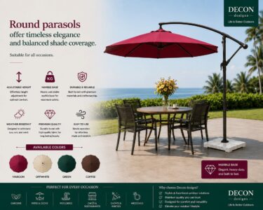 Round Patio Umbrella
DeconDesigns’ Round Patio Umbrellas in Malaysia provide classic style and versatile shading solutions for gardens, patios, poolside areas, resorts, and cafes. Crafted with high-quality weather-resistant fabrics and sturdy frames, they withstand Malaysia’s tropical sun, rain, and wind. Available in various sizes and colors, Round Patio Umbrellas create inviting, shaded areas for relaxation, dining, and entertainment. Easy to operate, tilt, and maintain, they combine elegance, comfort, and practicality. Ideal for both residential and commercial outdoor spaces, DeconDesigns ensures every Round Patio Umbrella provides reliable, long-lasting performance while enhancing the aesthetic appeal of your outdoor areas in Malaysia.
please visit our website at www.decondesigns.com  or contact us  at +60167960331